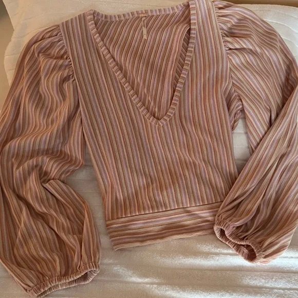 Free People Autumn Nights Striped Puff Sleeve Tie-Back Top - Orchid Rain - Picture 1 of 8